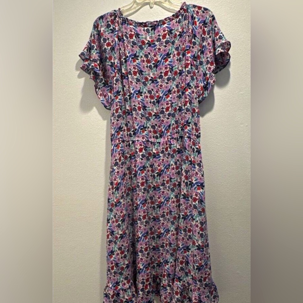 Talbots Floral Gathered Tie Neck Fit & Flare Midi Dress